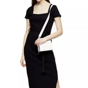 TOPSHOP Square Neck Belted Ribbed Midi Dress In Black size 10